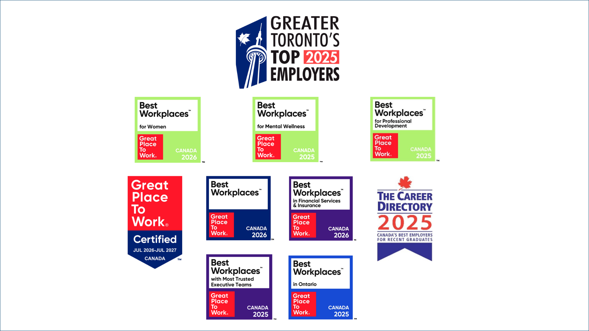 Great Place to Work awards and recognition logos.