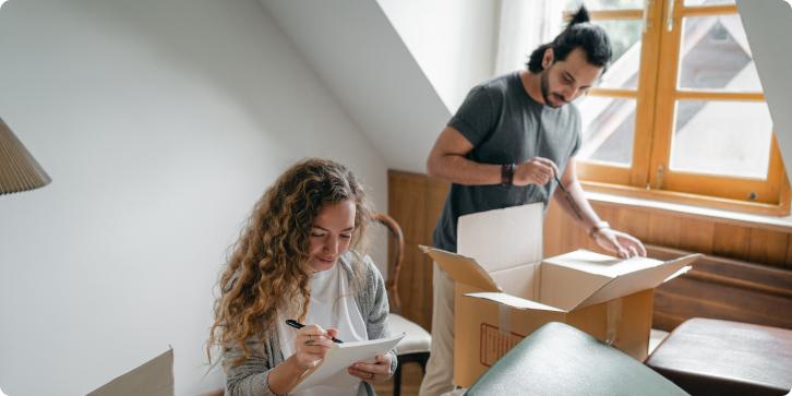 A young couple review documents after moving in