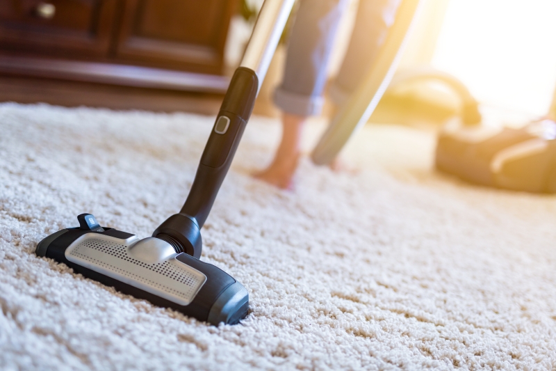 vacuum cleaner cleaning a carpet in a bright home