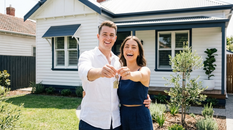 New homeowners holding keys in front of a modern house