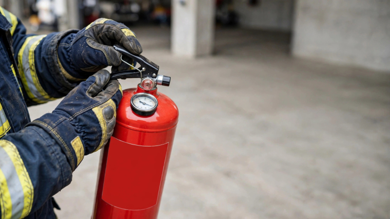 Firefighter wearing protective gloves holding a red fire extinguisher