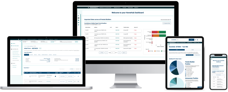 A laptop, desktop, tablet and phone showing HomeHub screens.
