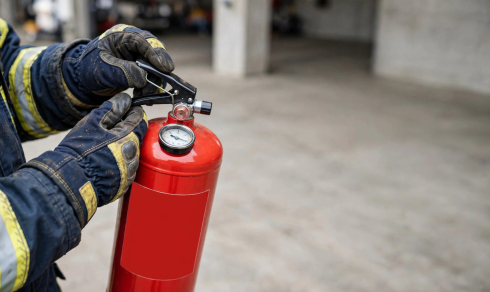 Firefighter wearing protective gloves holding a red fire extinguisher