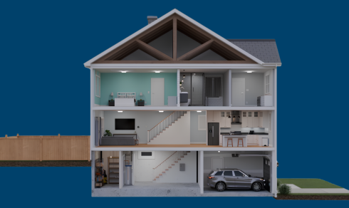 Cross-section illustration of a three-storey house showing the interior layout, including bedrooms, a living room, kitchen, basement, garage and attic.