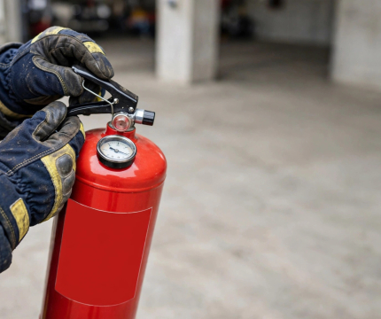Firefighter wearing protective gloves holding a red fire extinguisher